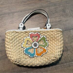 Woven Straw Handbag with Multicolor Flower Accent